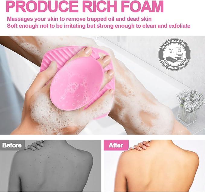 Silicone Body Scrubber, Bath Brush,Gentle Texture Exfoliating Body Scrubber for Men and Women On Sensitive Skin, Soft Scrubber Builds Up Lather, Getting a Deep Skin Clean (Pink)