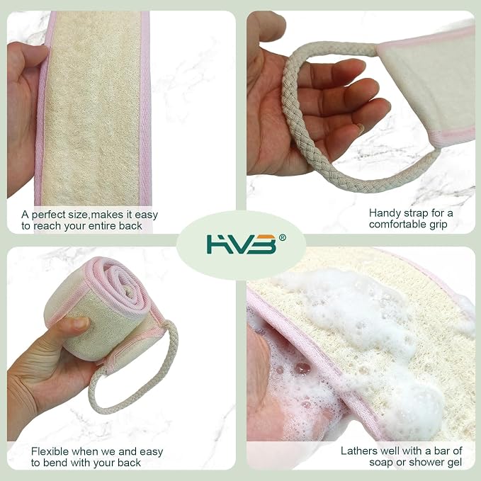 HVB Natural Loofah Back Scrubber for Shower, Exfoliating Natural Loofah Back Scrubber, Unisex, Deep Cleanses the Back and Revitalizes Skin – Pack of 2 (1 Box)