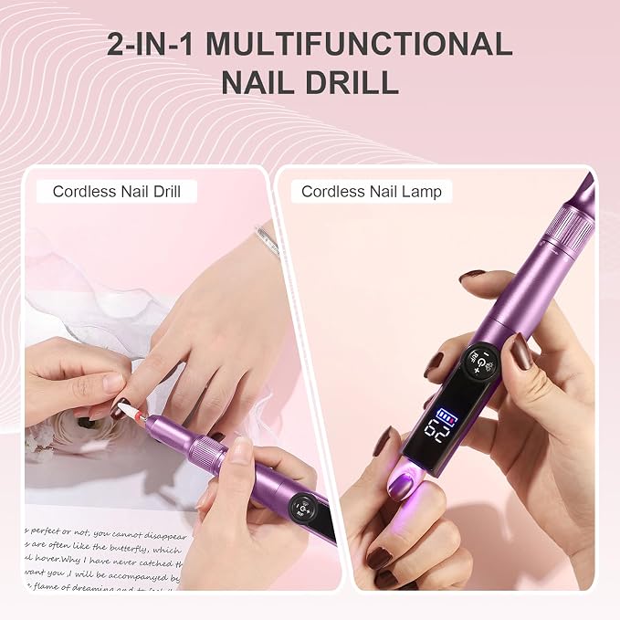 Electric Nail Drill Rechargeable Professional,2 in 1 Nail Grinder & UV Lamp Combo,35000 RPM,Portable Cordless Nail File Machine for Acrylic Nails,Gel Polishing,Shaping Nails,Manicure Art Tools