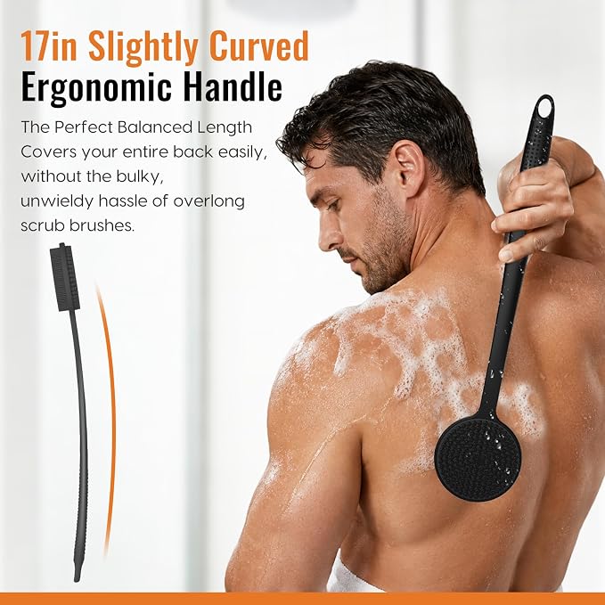 Silicone Back Scrubber for Shower, 17in Lengthen Long Handle Body Brush, Double Sided Shower Brush for Shower Exfoliating and Massage Can Produce Rich Foam, Long Handle Back Scrubber for Men