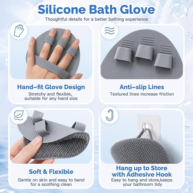 Manmihealth Silicone Back Scrubber & Soft Shower Brushes Set 2PCS Gray | Silicone Body Scrubber with Thin Dense Bristles & Bath Glove Brush Combination, Super Lathering & Exfoliating