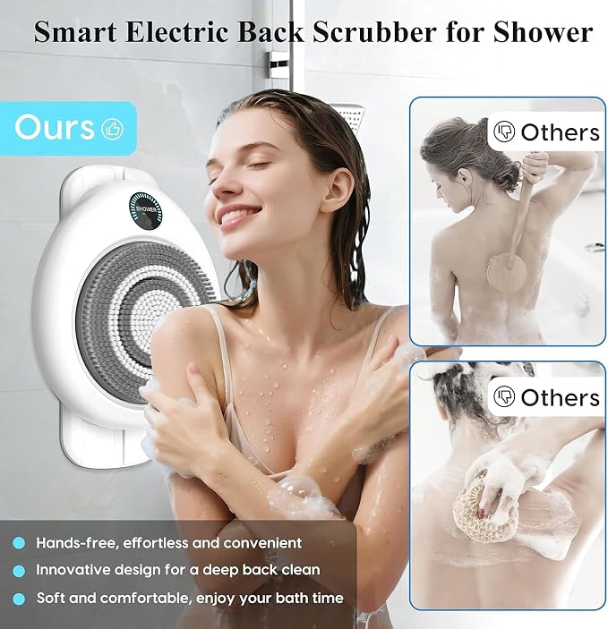 Electric Back Scrubber for Shower, Adjustable Height Shower Back Scrubber Wall Mounted, 3-Speed & 3 Replaceable Brush Heads, IPX7, Hands-Free Back Cleansing and Exfoliating Brush