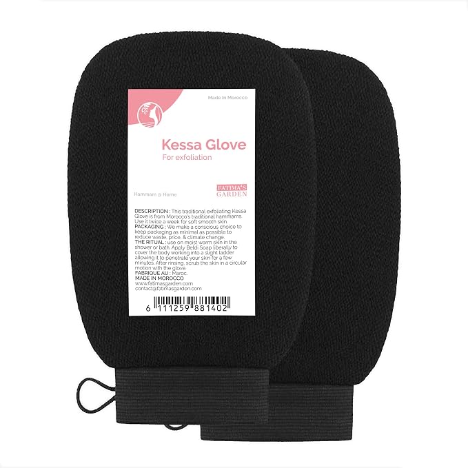 Fatima's Garden Exfoliating Kessa Gloves - Natural Spa Scrubbers, Black (2 Gloves)