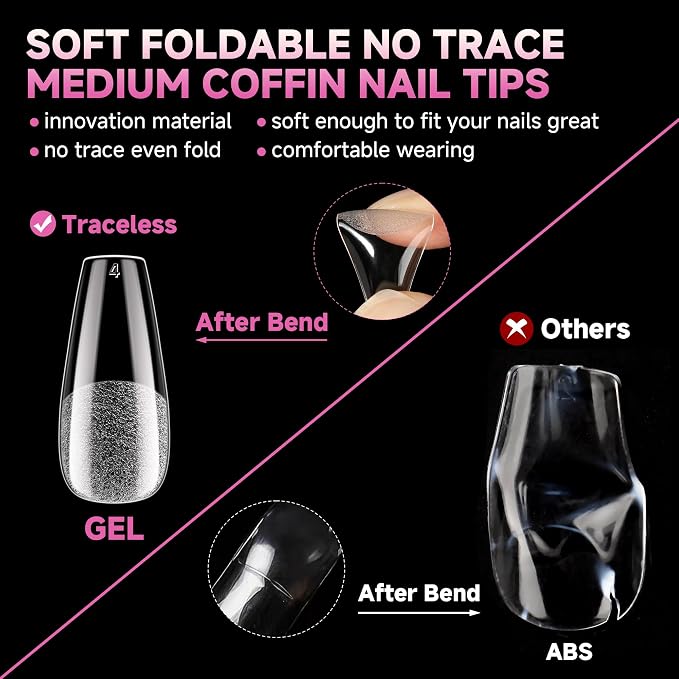 UNA GELLA Medium Coffin Nails Tips Soft Gel 120pcs Half Matte | Nail Tips Coffin Full Cover Fake Acrylic Nails Clear Coffin Press on Nails for Nail Extensions Home DIY Salon 12 Sizes