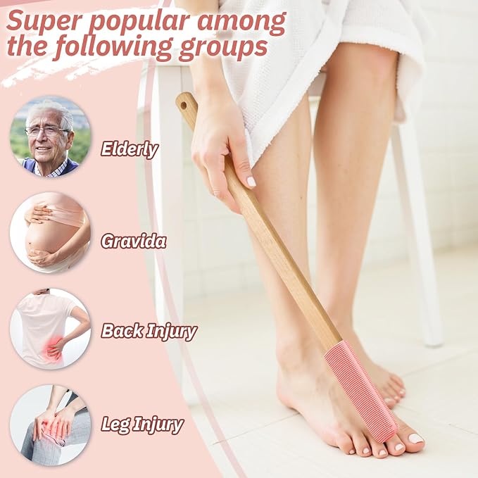 Long Handle Toe Gap Cleaning Brush+Body Shower Brush+Foot Grinder, Pink | Silicone Foot Scrubber for Shower, Feet Cleaner Scrub Foot Care for Seniors,Elderly, Men and Women