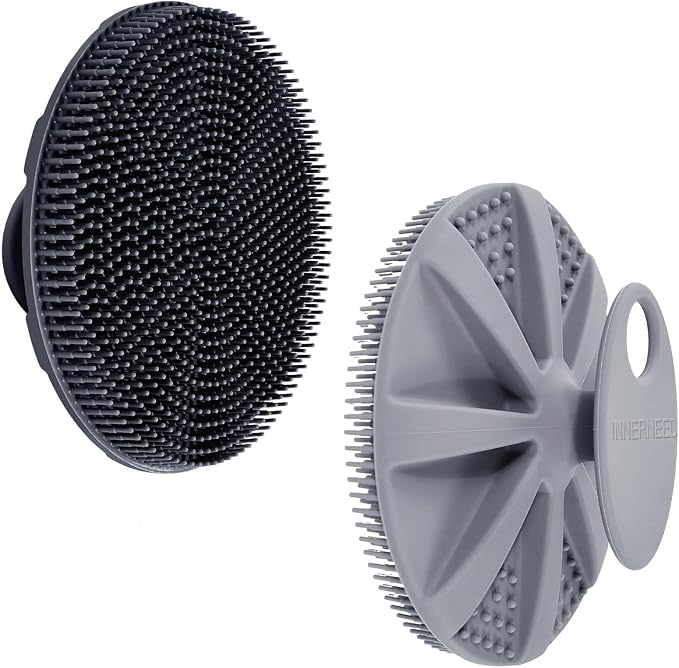INNERNEED Food-Grade Soft Silicone Body Scrubber Shower Brush, Black+Gray | Handheld Cleansing Skin Brush, Gentle Exfoliating and Lather Well, Hygienic Bath Scrub for Women, Men