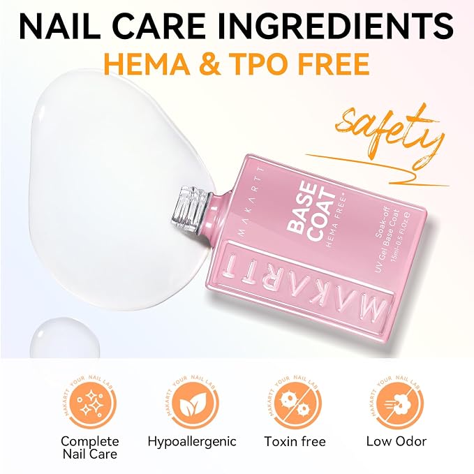 Makartt Hema-Free Gel Top and Base Coat Set: 2 PCS 15ml No Wipe | Upgraded Mild Formula Diamond-Shine Long-Lasting Base and Top Coat Gel Nail Polish Soak Off UV LED Lamp Home DIY Gift