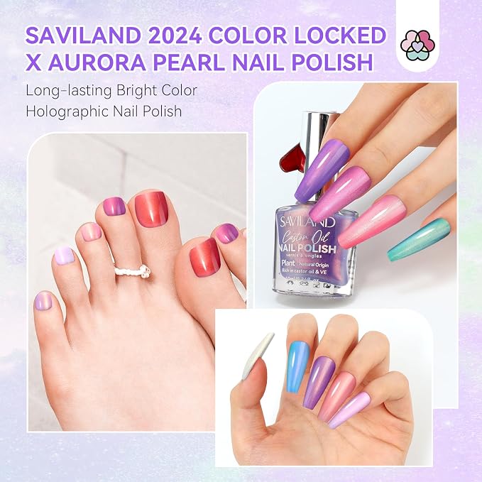 SAVILAND Pearl Nail Polish Set: Shimmer Glitter Aurora Quick Air Dry Nail Polish White Pink Purple Mermaid 12 Colors with Base and Nail Top Coat Manicure Salon DIY At Home Gift