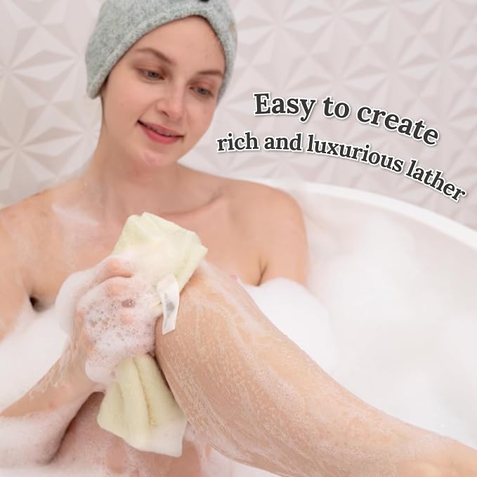 myHomeBody Exfoliating Washcloths for Showering, Cream, Set of 2 | Stretches for Hard-to-Reach Areas, Loofah Body Scrubber Exfoliator, Back Shower Towel, Bath Washer for Exfoliation