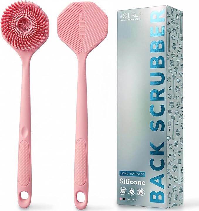 SILKLE Long Handle Back Scrubber for Shower - Silicone Body Scrubber & Bath Brush, 15 Inch Easy-Reach Handle, Foam-Focused Center, Exfoliating Bristles - Pink