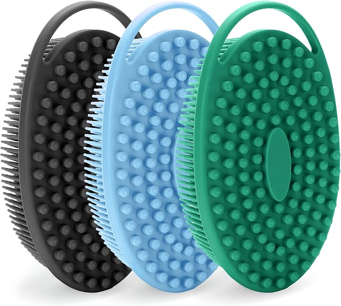 Silicone Body Brush for Showering, Shower Scrub Brush for Body & Silicone Loofah Body Scrubber, Large Flat Head Design with Handle - Black, Blue & Green, Beauty Accessories for Men and Women