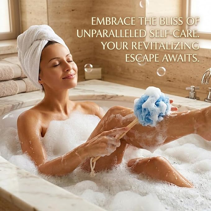 Loofah Back Scrubber for Shower, Wooden Long Handle Bath Sponge Lufa Shower Brush, Soft Nylon Mesh Back Cleaner Washer, Women & Men Exfoliating Luffa Pouf on a Stick for Body (Blue)