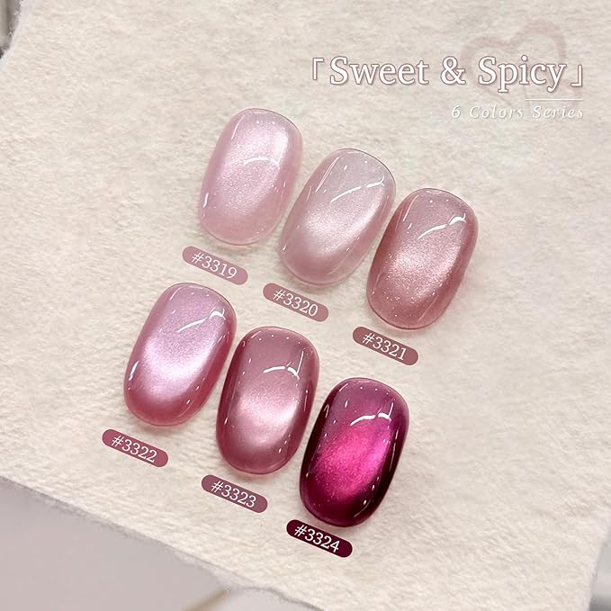 GAOY Pink Cat Eye Gel Nail Polish Set 6 Colors with Magnet, Crush Worthy | Valentine's Date Night Nails, Sweet & Spicy, Glass Holographic Glitter, Salon Gel Manicure Pedicure, UV Lamp Required