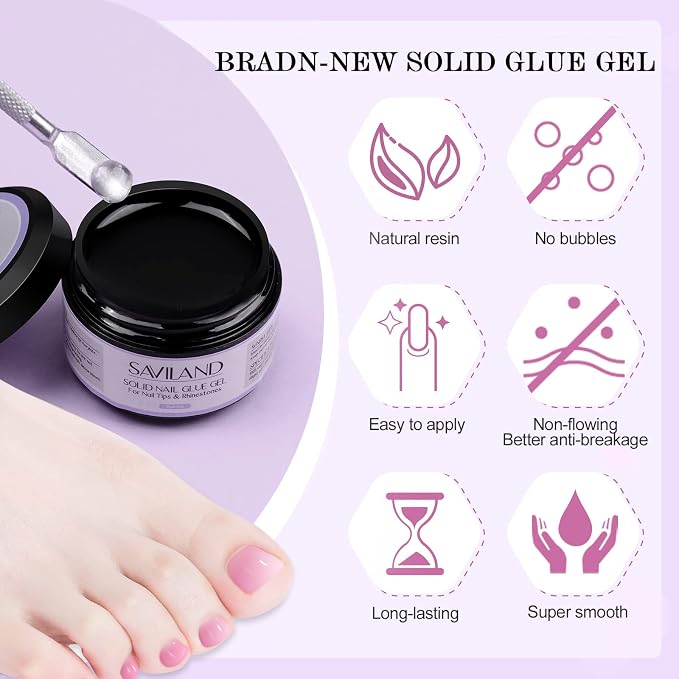 SAVILAND Clear Toenail Tips Kit with 500 Tips, Solid Glue Gel and UV Lamp | 500 clear toenail tips, solid glue gel, base and top coats, mini UV/LED lamp, toe separators and pedicure prep tools