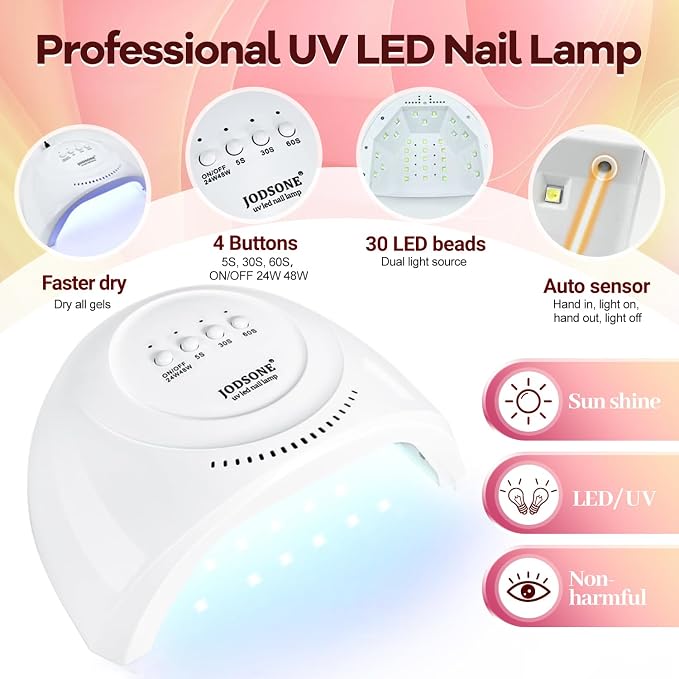 JODSONE 100 Bottles of Gel Nail Polish Kit with U V Led Light 95 Multiple Glossy Glitter Colors Mint Green Light Pink Nail Gel Base Coat Glossy and Matte Top Coat
