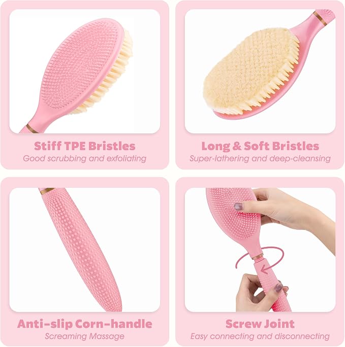New Back Scrubber Anti-Slip for Shower, 18.9‘’ Adjustable Shower Back Scrubber with Dual-Side Head & Soft Bristles, Extra-Long Shower Brush Bath Brush for Lathering Cleansing(Pink-L)