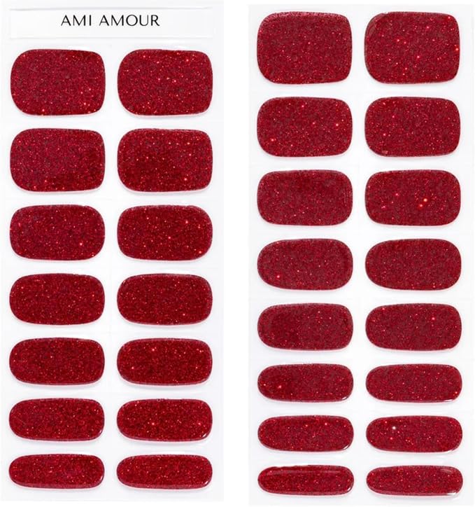Semi Cured Gel Nail Strips Stickers Wraps | UV Nail Polish that Pops in Color (Red Sparkle) for Women & Short Nails & Long Nails (Ami Amour)