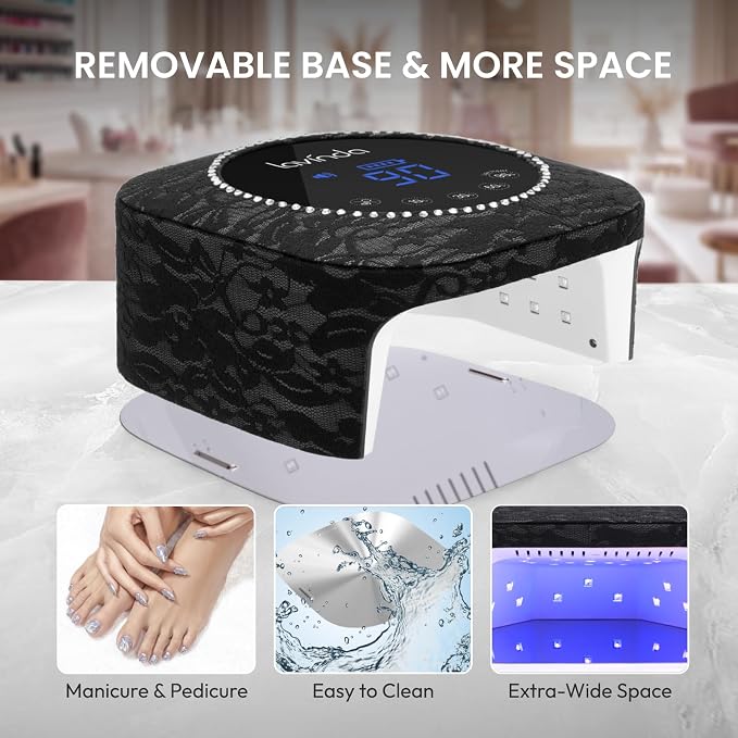 Lavinda Nail Lamp for Gel Polish, UV Light for Gel Nails with Black Lace Rhinestone Finish, Professional Nail Light Rechargeable with 4 Timer Settings Auto ON/Off Sensor for Salon Home Nail Technician