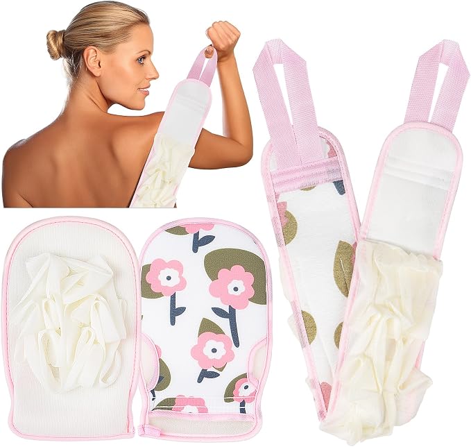 Deep Exfoliating Glove for Shower 2PCS: 1 Double-Sided Mitt, 1 Extra Long Exfoliating Washcloth - Extreme Body & Back Scrubber for Shower, Massage Scrub Exfoliator & Bath Loofah Sponge (Pink)