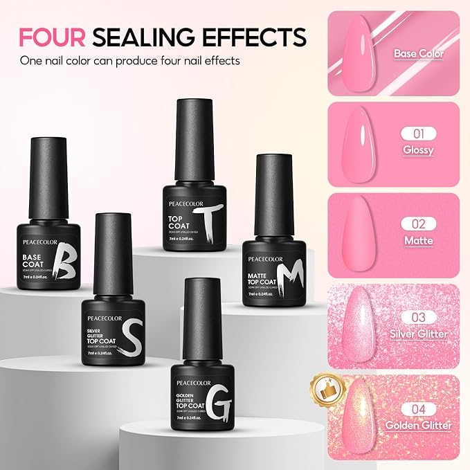 PEACECOLOR 40PCs Gel Nail Polish Set 35 Neon Colors Red Green Pink Yellow Gel Polish with 5Pcs Glossy/Matte/Glitter Top Base Coat Long Lasting Nail Gel Kit Gifts for Women DIY Home Salon