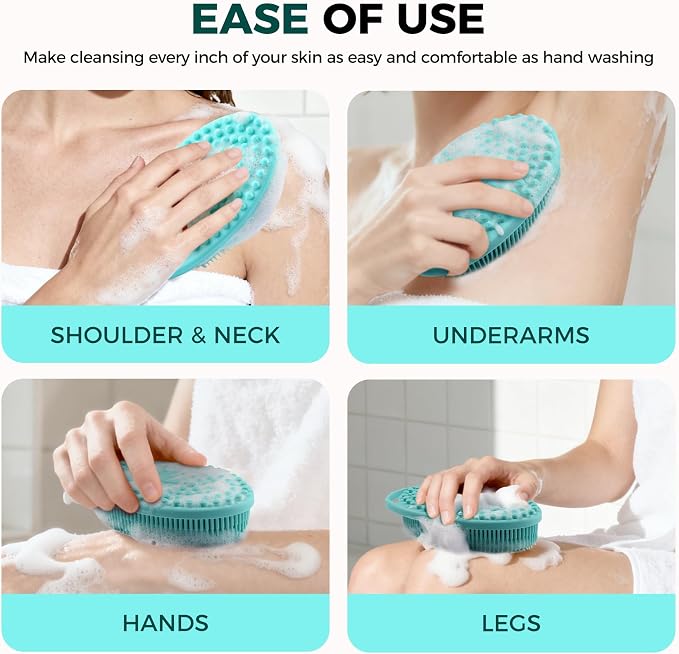 2 Pack Silicone Body Scrubber, Exfoliating Shower Scrubber for All Skin | 2 in 1 dual-sided design, soft bristles and massage bumps side, fast-drying, non-slip handle, for women and men, Black+Green