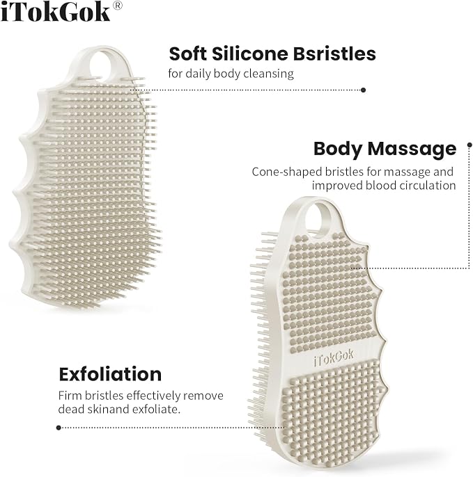 Silicone Body Scrubber Silver-Infused Dual-Sided 3-in-1 for Shower, Body Cleaning+Massage+Exfoliator Body Brush Buffer for Men and Women, Silicone Loofah, Non-Slip Handle (Stone)