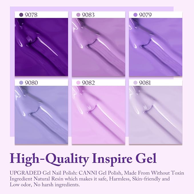 CANNI 9ML Gel Nail Polish Set, 6 Purple Shades UV LED Soak Off Gel Polish | Smooth Application • Highly Pigmented • Glossy Finish • Long-Lasting Wear • Nail Art • Salon DIY Manicure • Easy Application