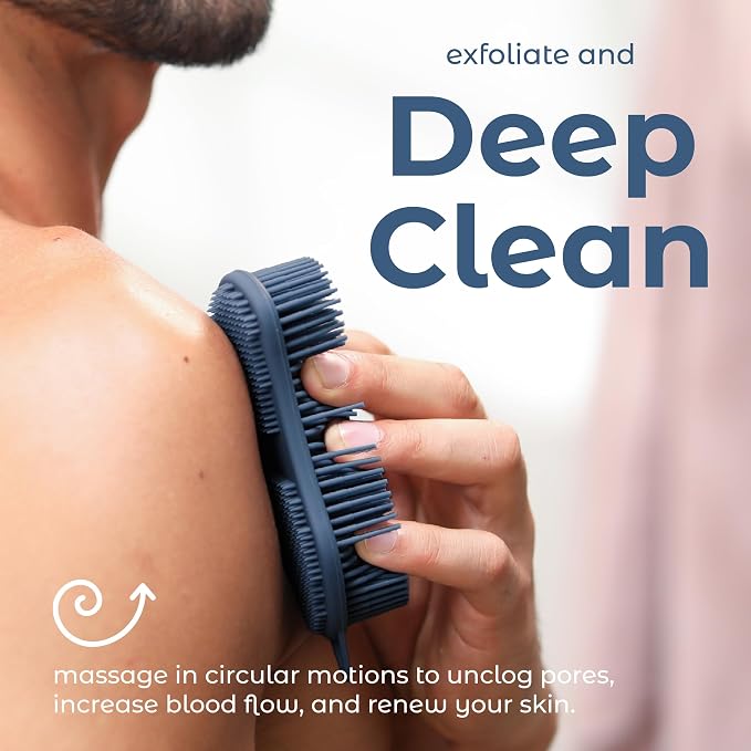 MainBasics Silicone Body Scrubber Dual-Sided, Dark Blue, Exfoliate | Shower Exfoliator for Men & Women, Gentle Silicone Loofah Alternative for Deep Clean