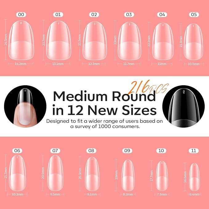 modelones X Nail Gel Kit Medium Oval, 9-in-One Nail Glue Mini UV Light | 216Pcs 12Sizes Pre-Etched Round Press ons Fake Acrylic Extension Kit DIY Salon Gift