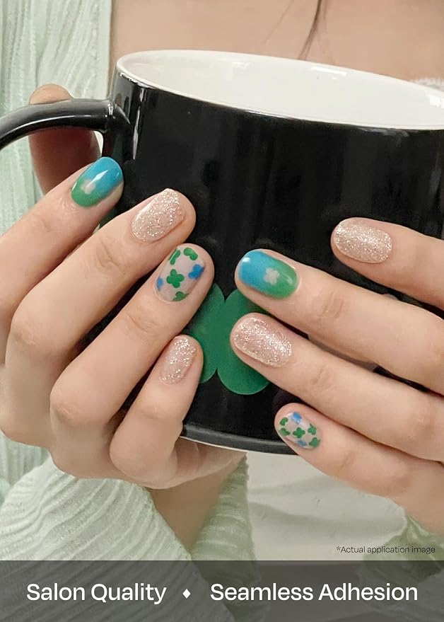 ohora Semi Cured Gel Nail Strips (N Lucky Drop Clover) - Works with Any Lamps, Salon-Quality, Long Lasting, Easy to Apply & Remove - Includes 2 Prep Pads, Nail File & Wooden Stick