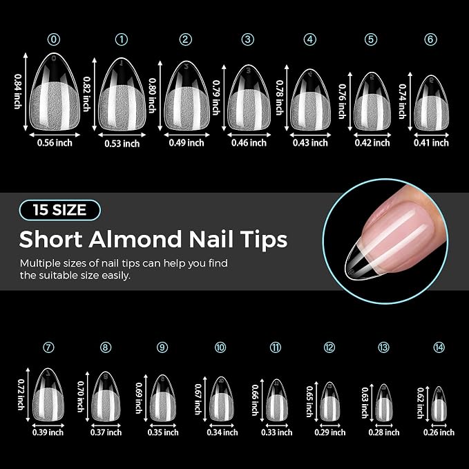 TOMICCA Short Almond Nail Tips 15 Sizes Gel Nail Tips 240Pcs Almond Nails | Clear Press On Nails, Full Cover Pre-shaped Nail Extension Tips, Acrylic Fake Short Nails for Home DIY Nail Salon & Wedding