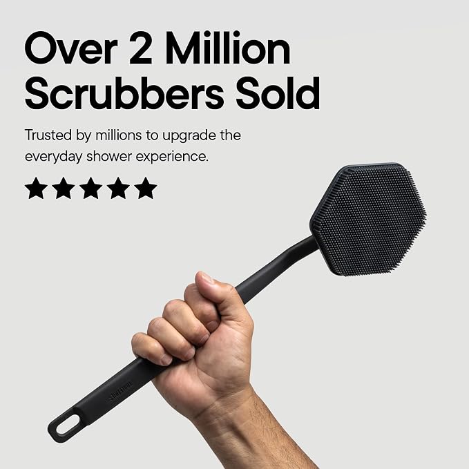 TOOLETRIES Silicone Back Scrubber for Shower with Hook - Charcoal | Long ergonomic bath brush with a non-slip grip for exfoliating and reaching hard-to-reach areas comfortably.
