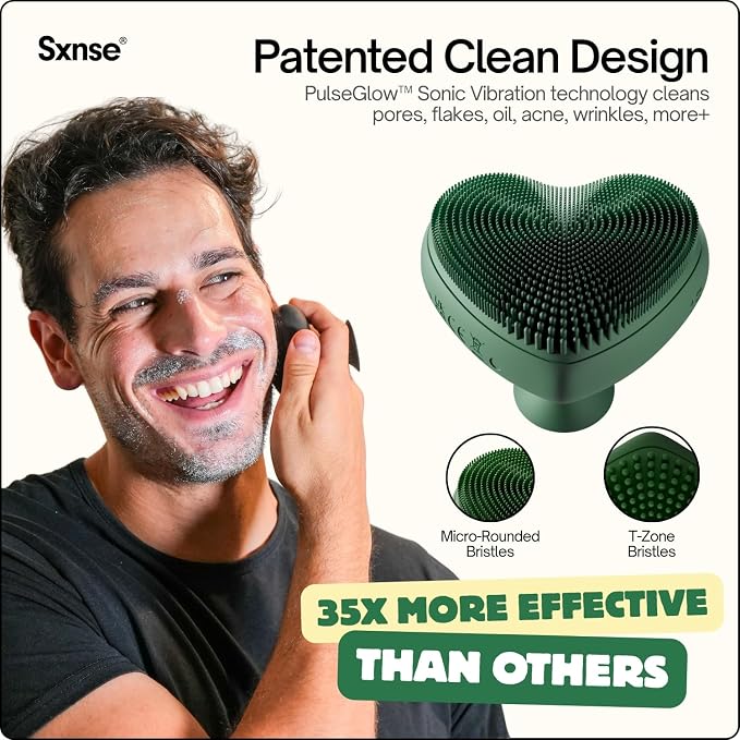Heart Face Clean Pro⁺ - Electric Silicone Facial Scrubber for Acne with 7000+ Sonic Pulses - IPX7 Waterproof Rechargeable Exfoliator with Slip-Free Grip, 3 Speed Settings & Phthalate-Free - Forest