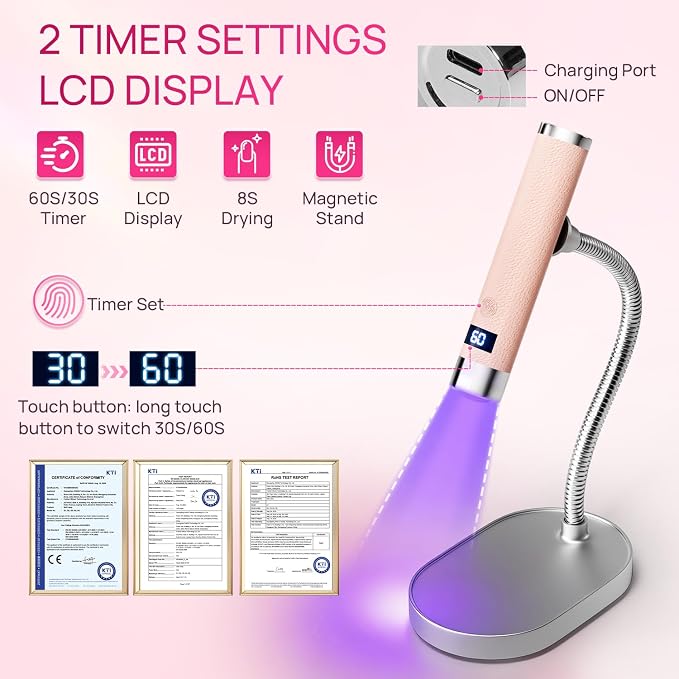 Krofaue Handheld UV Lamp with Auto-Sensor, Rechargeable Nail Dryer | Magnetic head, 360° gooseneck, 30s/60s timers, LCD display, 800mAh battery, 60min cordless use, for salon home travel