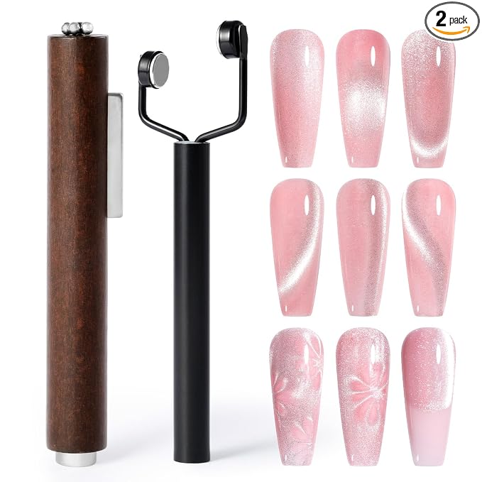 MelodySusie Cat Eye Gel Nail Polish Magnets, 3 in 1 Wooden Handle and Y-Shaped Double Head Nail Magnet Wand Set 2PCS, Suitable for Manicure Nail Design Salon DIY at Home