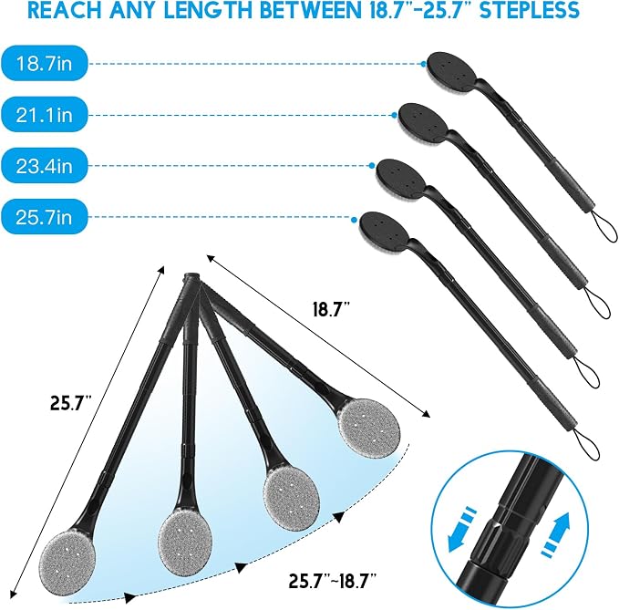 Long Handle Back Scrubber for Shower, 25.7” Telescopic Anti-Slip Bath Brush, Easy Reach Back Cleaner for Exfoliating Dead Skin, Great for Elderly, Disabled & Hard-to-Reach Areas