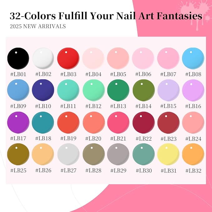 JODSONE Gel Polish Nail Art Gel Liner Set 32 Colors Orange Grey Pink Green Blue White Black Need U V Lamp Cured with Thin Brush,Nail Art Gifts for Women