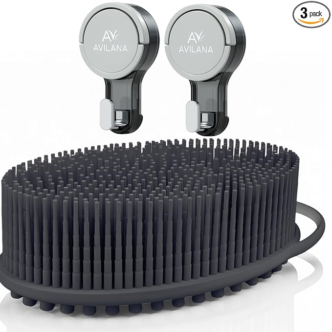 Avilana Massage Silicone Body Scrubber(Dark Gray) + Suction Hook (2-Pack) – Hygienic, Fast-Drying, BPA-Free Shower Brush & Loofah Alternative – No-Drill Modern Storage Solution