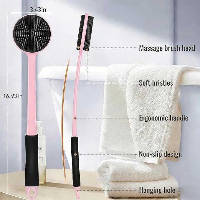 Back Silicone Rubber for Shower|17“ Curved Long Handle Body Brush|Dual-Sided Firm Exfoliating&Soft Bristles for for Men & Women|Silicone face Scrubber (Black face Brush and Pink Back Scrubber Set)