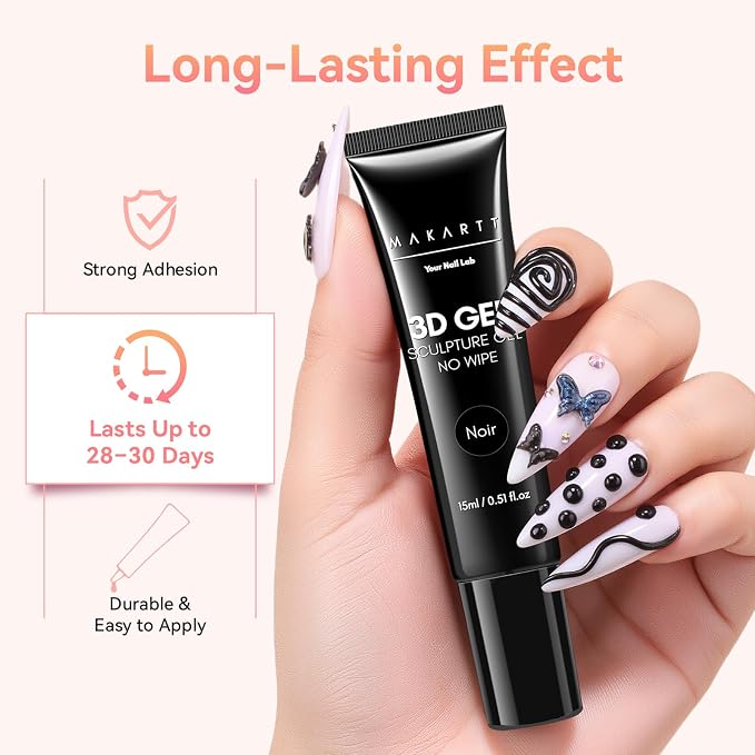 Makartt 3D Nail Gel, 15g Black Sculpting Gel Glue for Molding and Drawing | No Wipe, Rhinestone Glue, Gems Decoration, Carving and Painting Nail Art