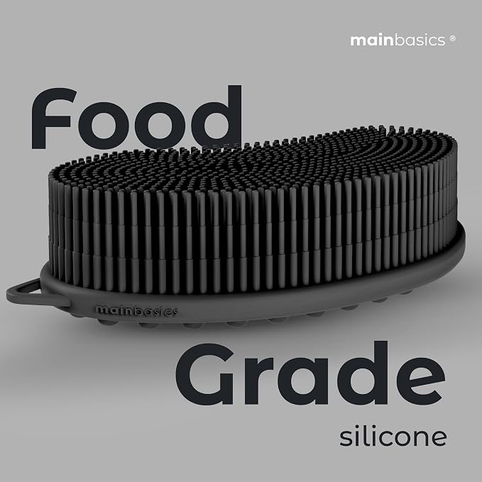 MainBasics Silicone Body Scrubber Dual-Sided, Black, Massage | Shower Scrubber with Massage Nodes, Silicone Loofah Alternative for Deep Clean
