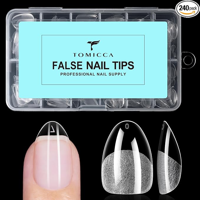 TOMICCA Extra Short Almond Nail Tips, 240pcs 12 Sizes, Soft Gel Tips | Half Matte Pre-Shaped Full Cover Clear Fake Nails, Acrylic Press on Nails for Extension, Beginners and Professional Salon