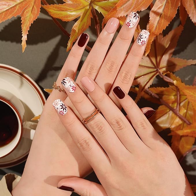 Semi Cured Gel Nail Strips - 20Pcs Brown UV Gel Nail Wraps with Fall Leaves Design, Long Lasting Salon-Quality Stickers, Includes Nails File & Wooden Stick - UV/LED Lamp Required