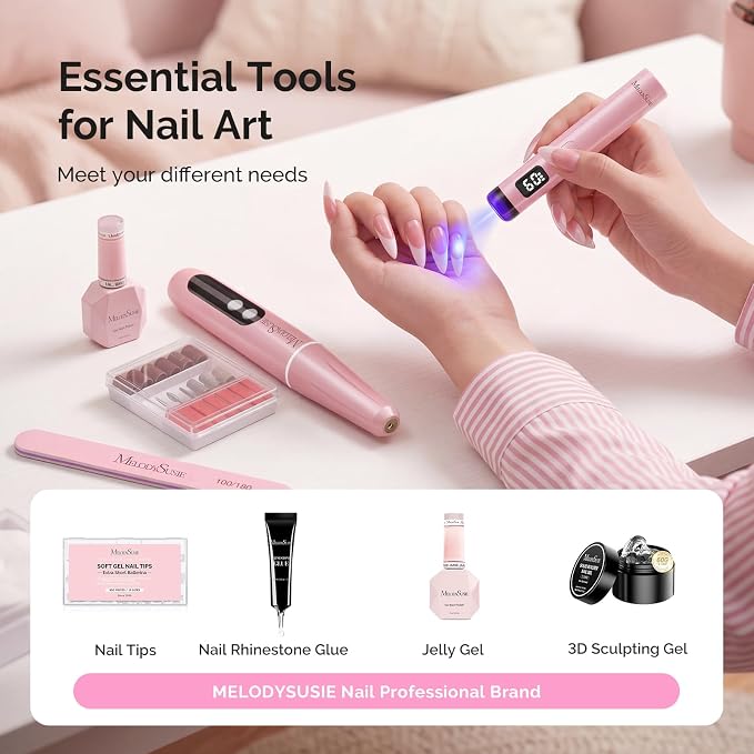 MelodySusie PC90G Cordless Nail Drill & P-Art01R Handheld UV Lamp | Starter Kit for Manicure, Acrylic Nails & Gel Polish, Portable for Home, Salon & Travel, Beginner Essential Set Pink