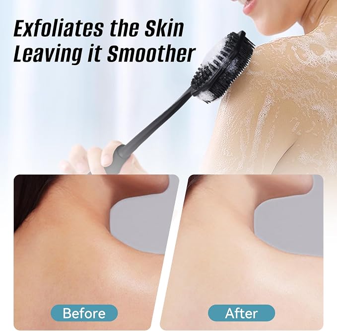 14" Silicone Back Scrubber for Shower, Long Handle Body Brush | Soft Bristles Exfoliate&Massage Skin. Non-Slip Grip, Reach Full Back Easily. Ideal for Men&Women, Bath Use. Black.