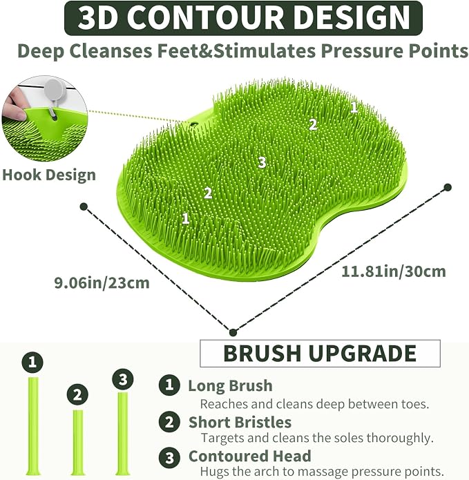Shower Foot Scrubber Mat with 3 Types of Upgraded Brushes for Massage, Shower Back Scrubber with Micro Suction Cups,Non Slip Bathtub Shower Scrubber for Body at Home Spa(Sage)
