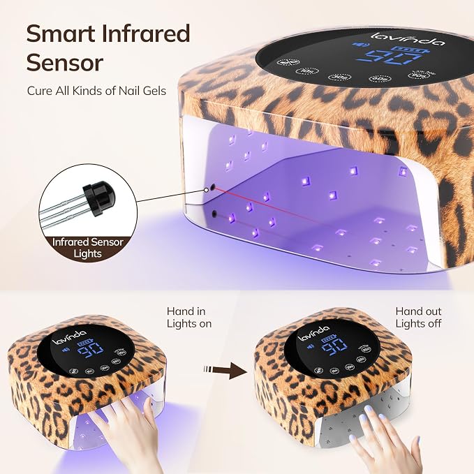 Lavinda LED Nail Lamp Cordless UV Light for Gel Nails 54W, Leopard Print | Hands-free sensor, touch controls, spacious curing area, pedicure-ready base, bold salon décor, beauty gifts