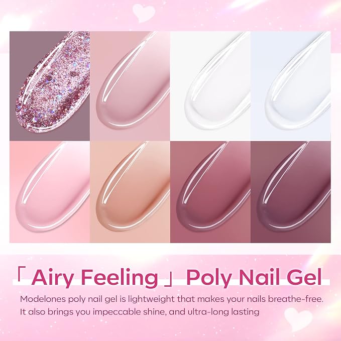 Modelones Poly Nail Gel Kit 8 Colors Rosy Pink with 48W UV/LED Lamp | Nail Extension Gel Complete Nail Art Tools Professional Starter Manicure Kit Supplies Rhinestone Glitters DIY at Home