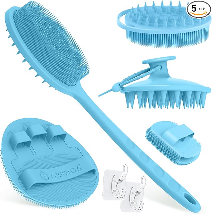 Silicone Back/Body/Face Scrubber & Scalp Massager Set 5PCS, 13.4'' Soft Back Scrubber, 360° Anti-Slip Bath Glove, Unique Side-bristled Face Scrubber, Shampoo Brush for All-Round Cleaning(Blue)