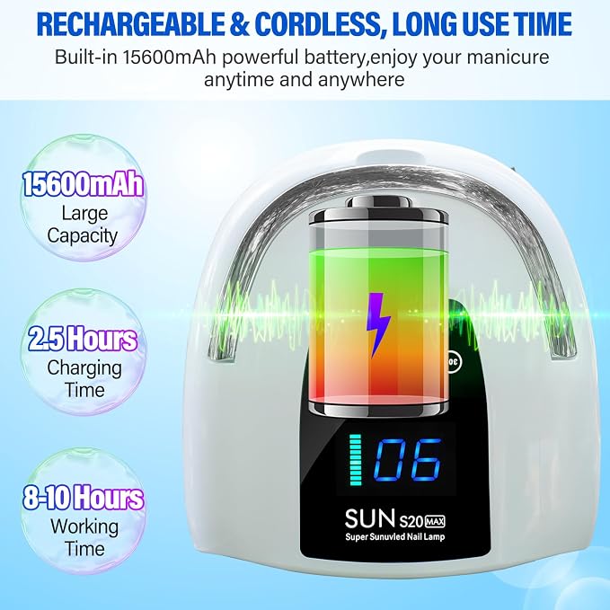 UV LED Nail Lamp Dryers Cordless 128W Portable Rechargeable UV Light for Gel Nails Polish Kit,Fast Curing Wireless Builder Gel Lamp with Sensor 3 Timer LCD Display 48 LED,Manicure Pedicure Art Tools